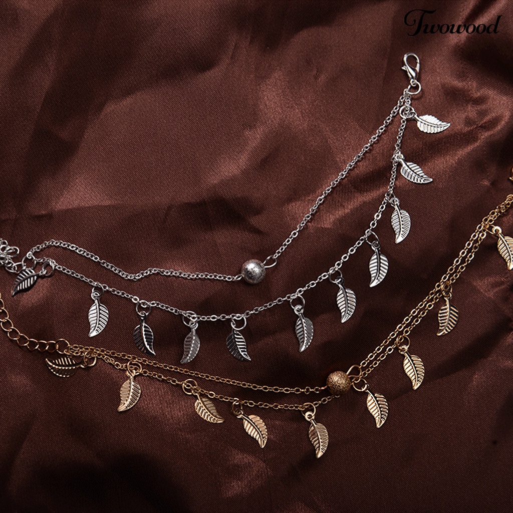 Gelang Kaki Rantai Dua Lapis Dengan Liontin Daun Dapat Disesuaikan Tahan Lama Untuk Wanita
