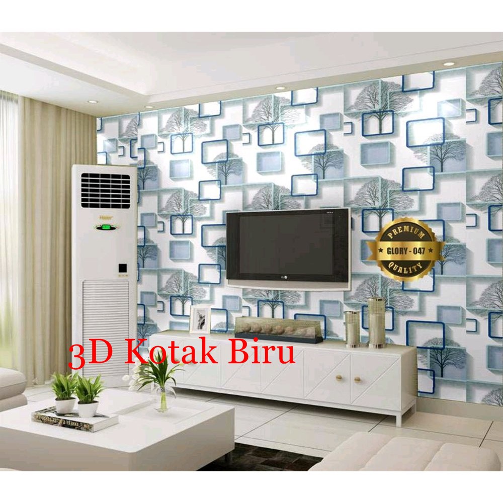 Wallpaper Dinding Motif Kotak 3D Biru Ukuran Panjang 10Meter x Lebar 45CM