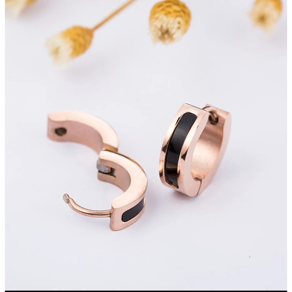 Anting Jepit Titanium Hitam/Putih Round Hoop Shell Warna Stell Rose Gold, Gold dan Silver