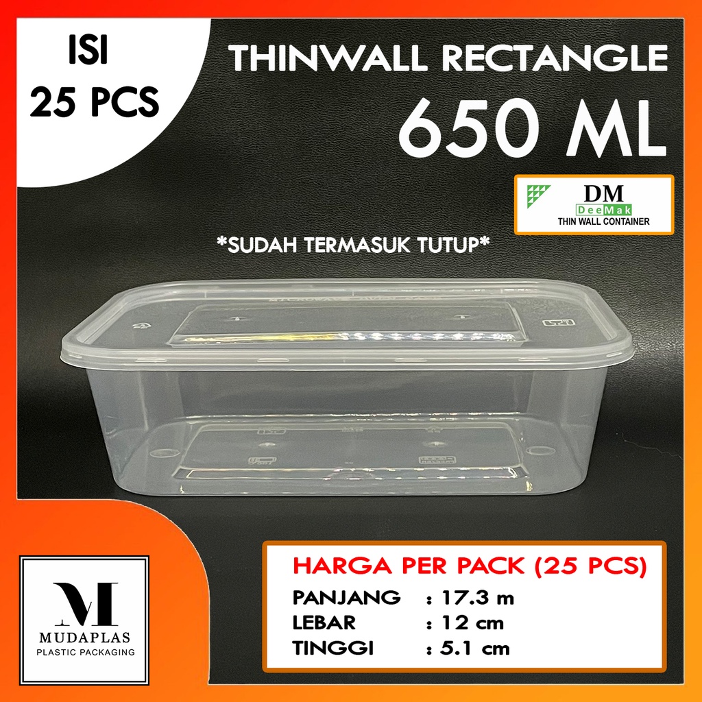 Kotak makan plastik Thinwall 650 ml Rectangle DM isi 25 pcs