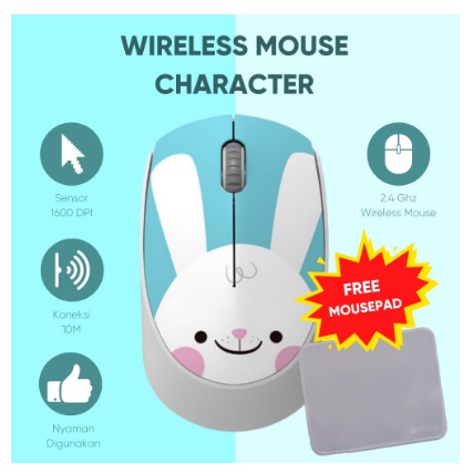 Wireless Mouse Unitech MS 630 Kartun Kids Edition 1600DPI 2.4G Gratis Mousepad Polos