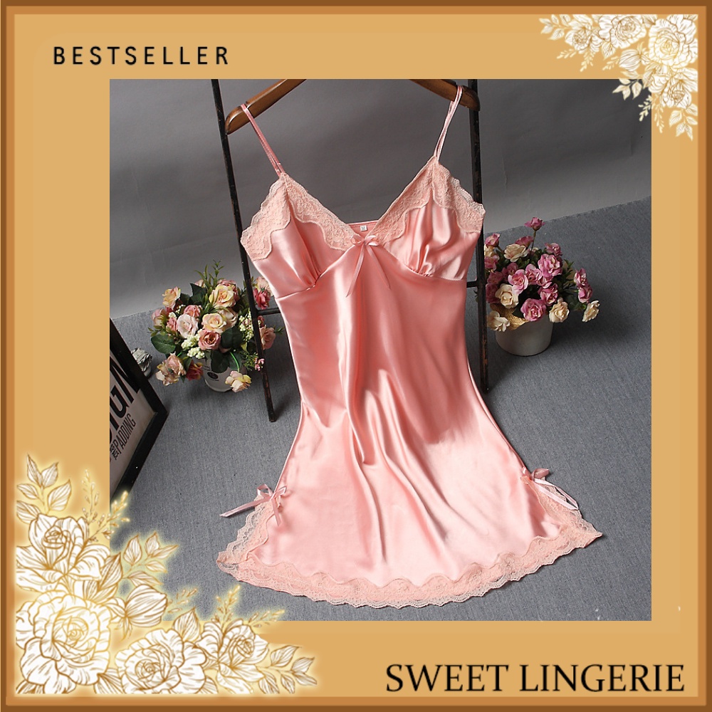 Lingeri Lingerie Set Baju Gaun G String Underware Tidur Wanita Dewasa Sexy Seksi Hot Satin Premium Lingerie Sexy Renda  Baju Tidur Sexy Dress Wanita Dewasa Lingerie Jumbo Setelan Wanita Baju Dinas Depan Suami Sleepwear Gstring Baju haram  Termurah Baju-Pink Muda