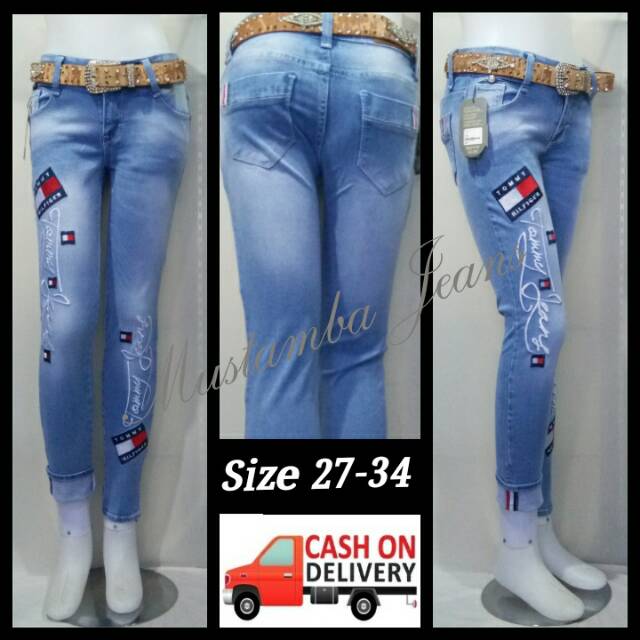 Celana jeans wanita skinny motif bordir tommy bisa stil balik