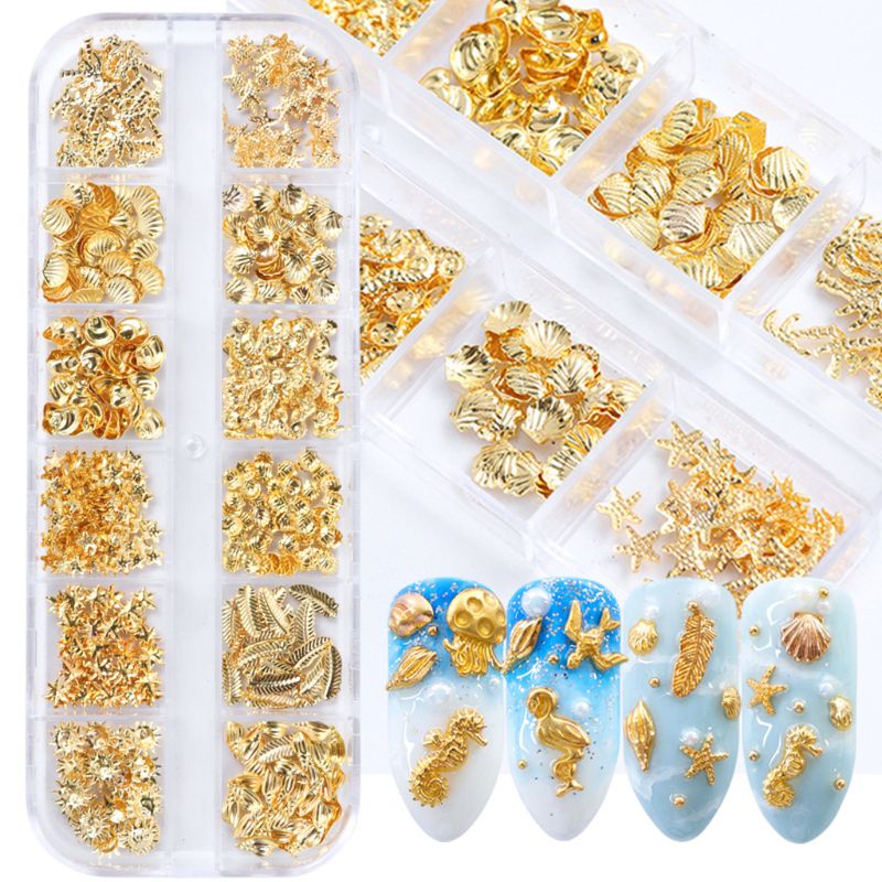 SIY  12 Grids/Box Mixed Glitter Metal Nail Art Decoration Starfish Shell Sun Coconut Tree Epoxy Resin Filling Material DIY