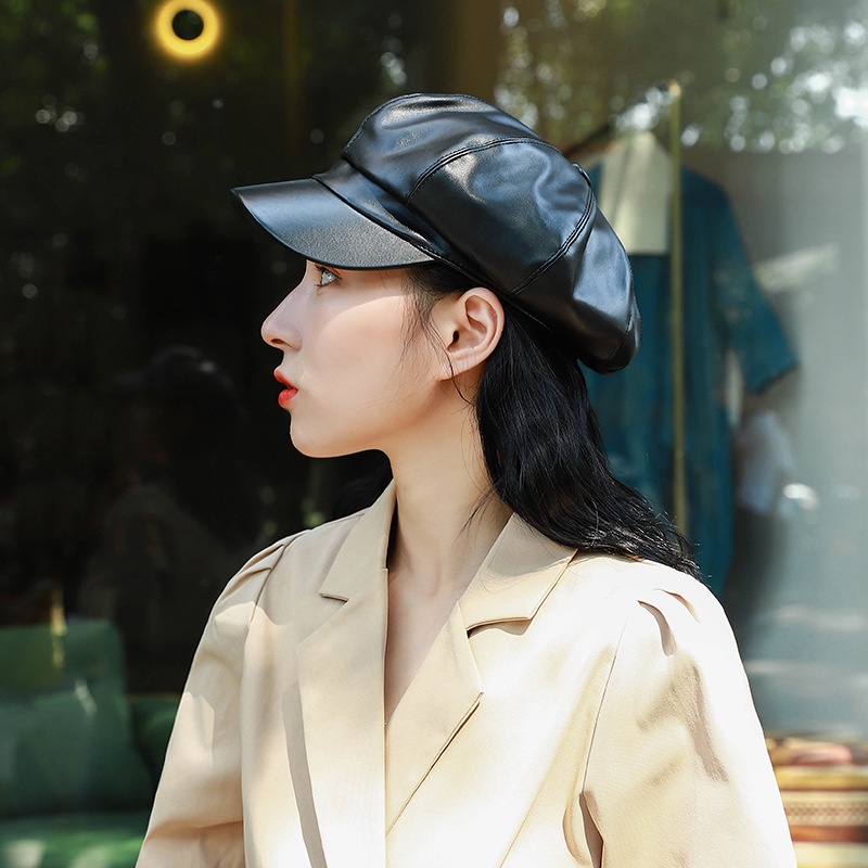 Qiu Dong Topi Baret Octagonal Bahan Kulit Pu Untuk Wanita