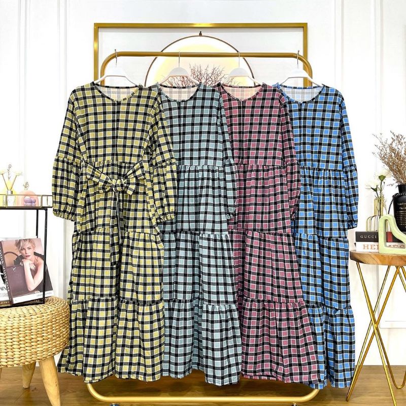 Gamis busui mayung rempel 3 susun motif kotak garis hitam tali pinggang bahan voxy premium merk coco