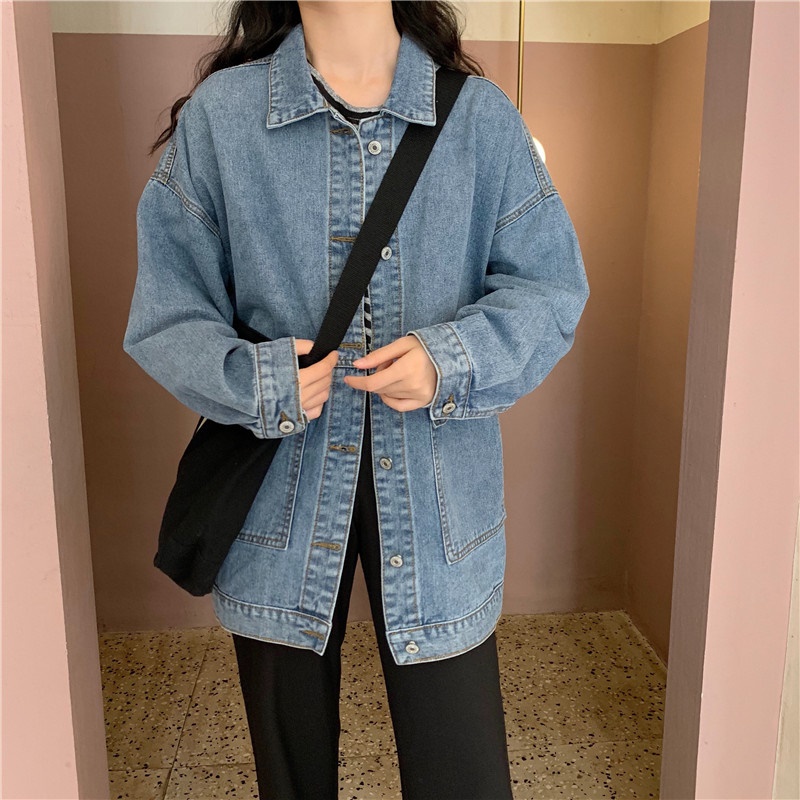 Jaket denim wanita Korea style warna solid retro jacket lengan panjang