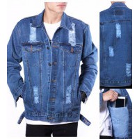 Jaket Jeans Denim Pria Sobek Biowash Ripped Biru Tua M - XL