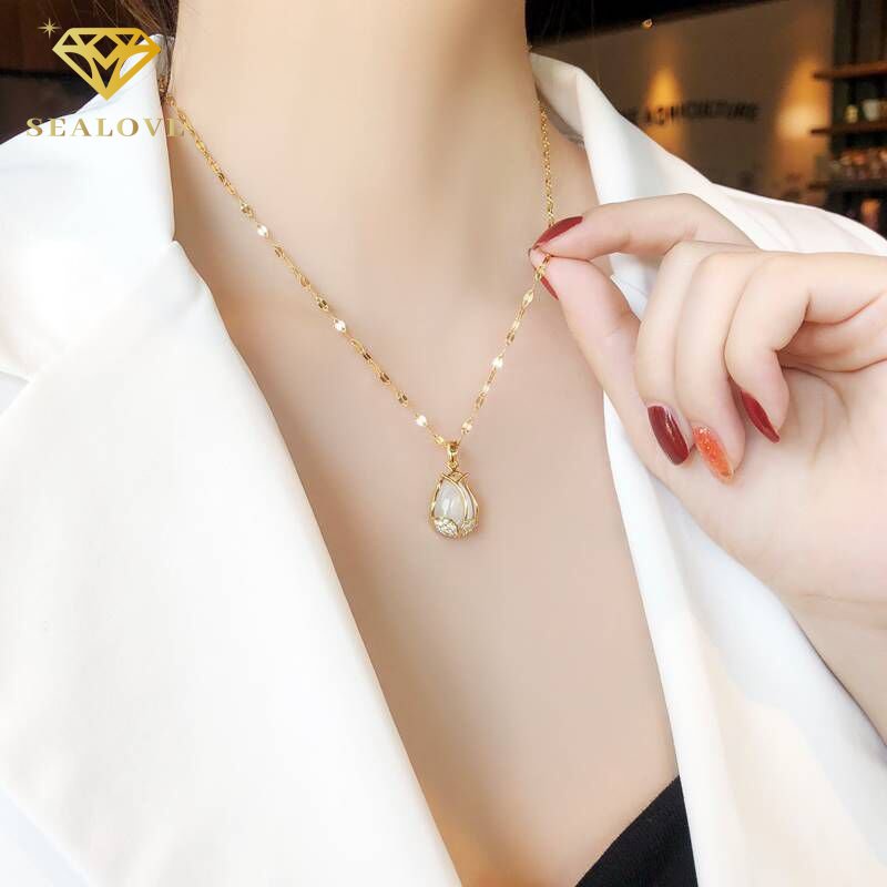 Kalung Titanium Anti Karat tulip Opal Lucu Beruntung Emas 18k Perhiasan Wanita