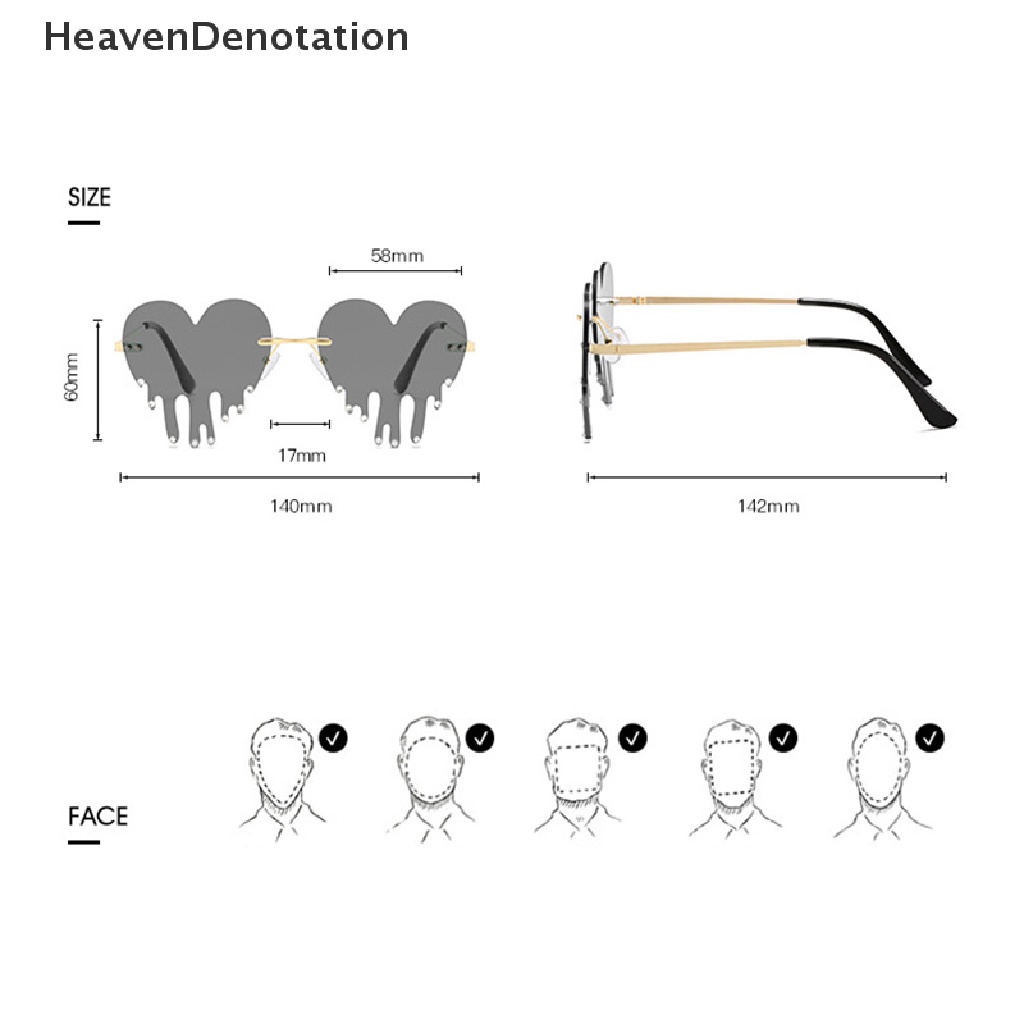 [HeavenDenotation] Fashion Love Heart Rimless Sunglasses Women Tears Shape Punk Vintage Eyewear