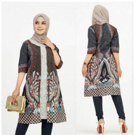 Terusan Tunik Baju Atasan Muslim Wanita Batik 2783 Nadira Pola Abu