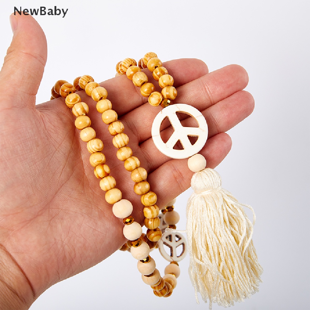 Kalung Rantai Manik Kayu Dengan Liontin Lambang Perdamaian Gaya Boho Untuk Wanita