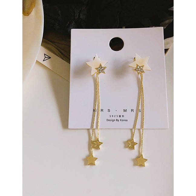 LRC Anting Tusuk Fashion Golden Tassel And Diamond Five-pointed Star Alloy Earrings K88062