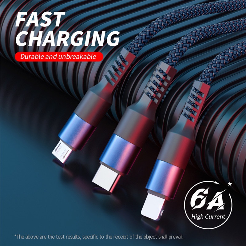 Kabel Charger 3 in 1 6A Fast Charging Dengan Port Micro Usb / Type C