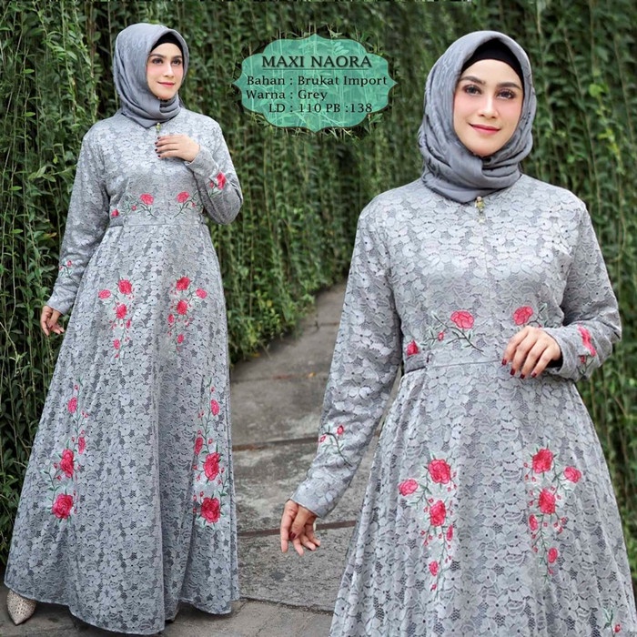 Gamis Dewasa Modern Simple Elegan Gamis Brukat Mewah Maxi wanita brukat varian warna - Abu-abu