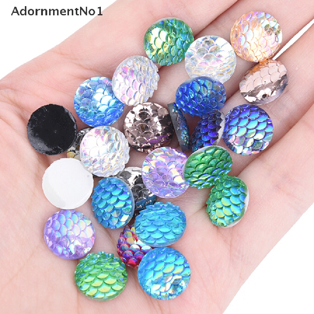 (AdornmentNo1) 50pcs Manik-Manik Cabochon Flat Back Motif Sisik Ikan / Mermaid Ukuran 12mm Untuk Gelang DIY