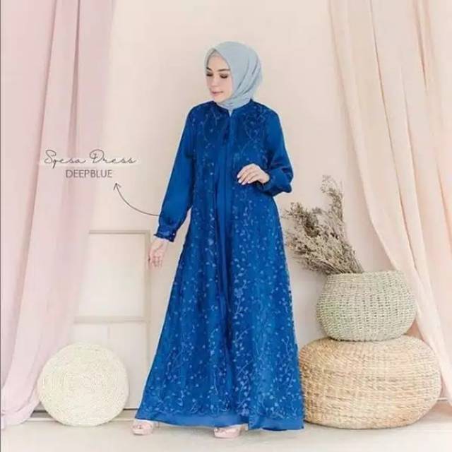 SPESIA DRESS - Gamis Dress Pesta Brukat Tile Busui Baju Kondangan Warna Polos Biru Dusty Pink Silver