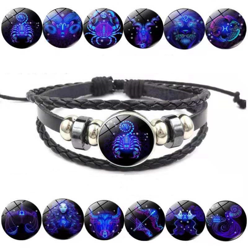 Gelang Tangan Kulit Kepang adjustable Motif 12 Rasi Bintang luminous Untuk Pria / Wanita