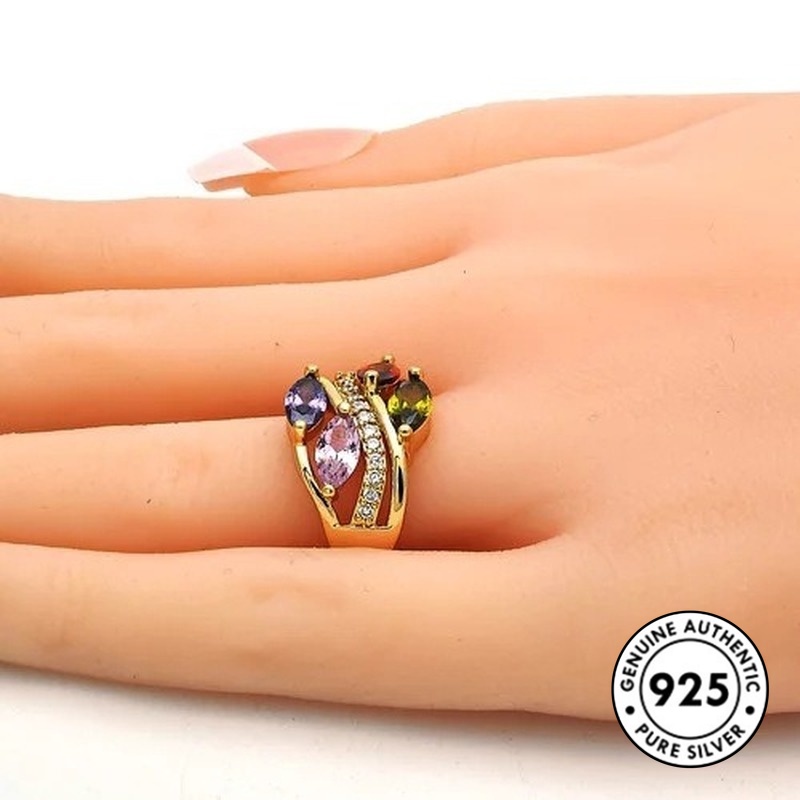 Cincin Sterling Silver 925 Dengan Batu Permata Warna-Warni Untuk Wanita