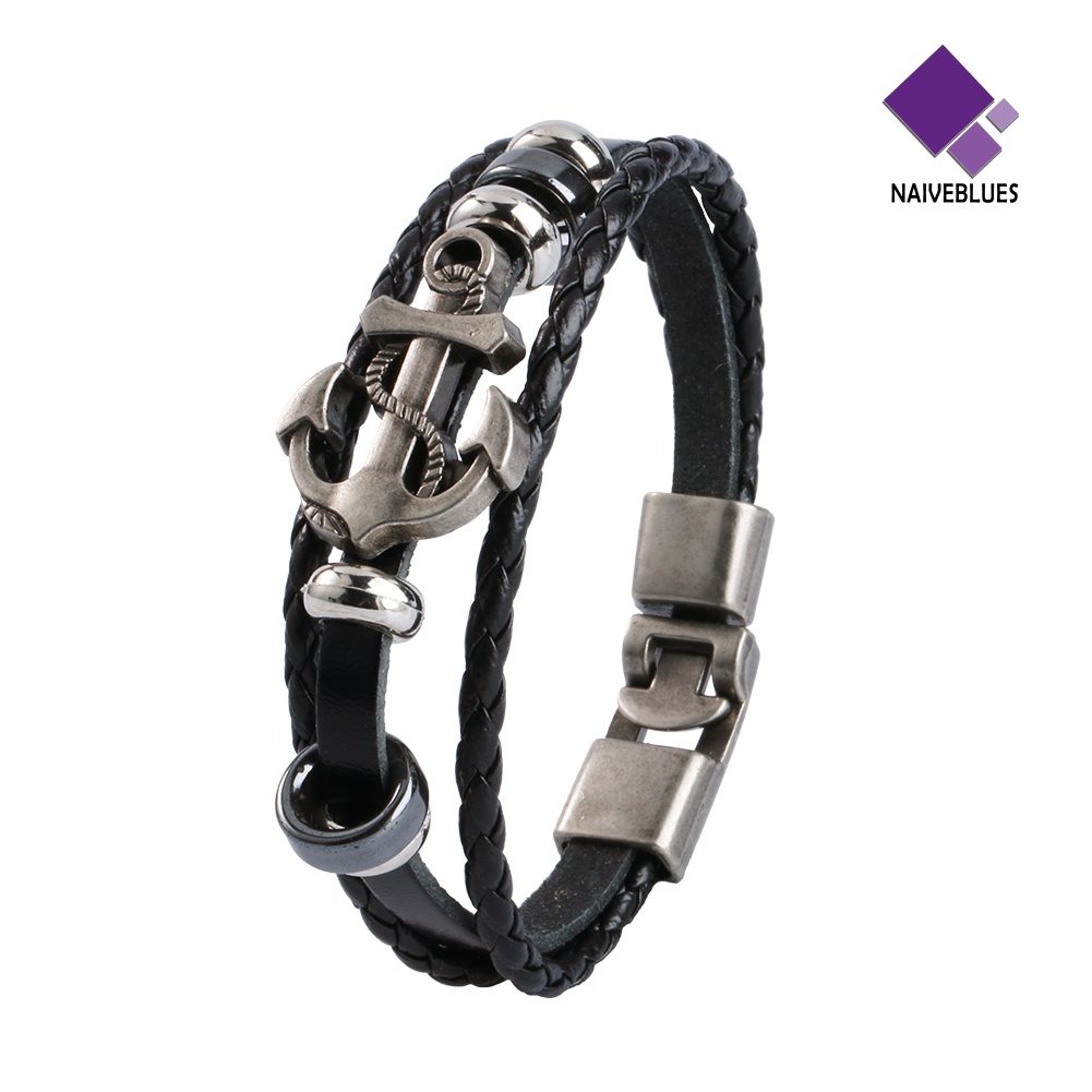 Naiveblue Gelang Tangan Kulit Imitasi Aksen Jangkar Bahan Metal / Baja Gaya Vintage Untuk Pria