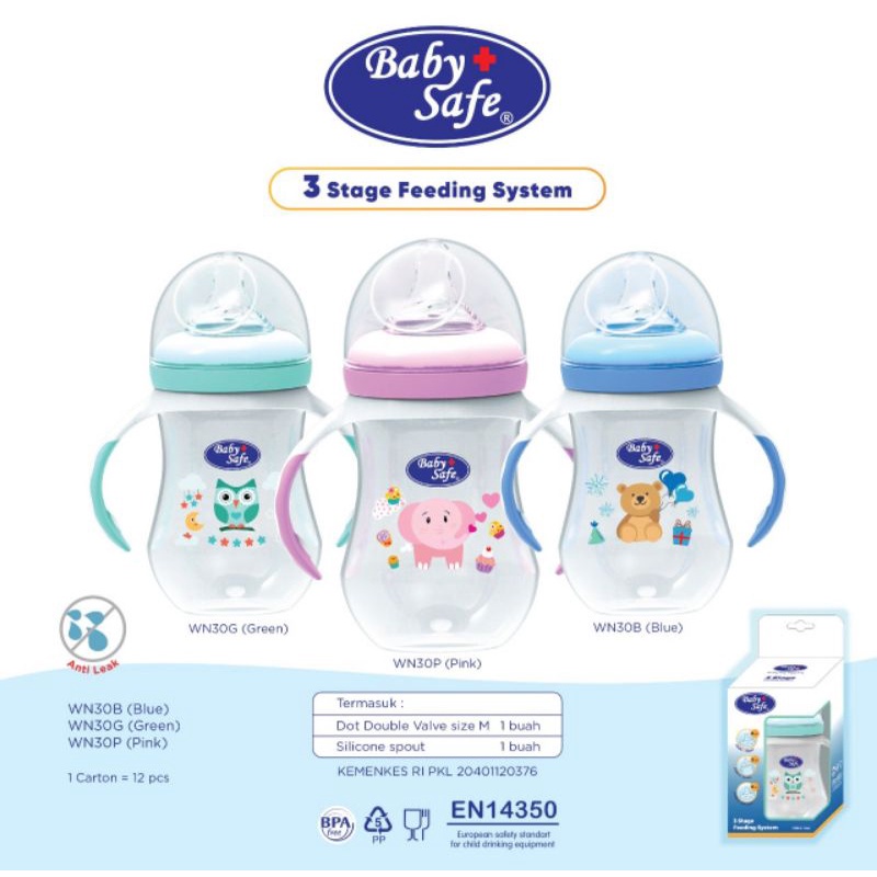 BABY SAFE 3 Stage Feeding System 250 ML ( WN30 ) / Nipple, Handle, Soft Spout | Botol Susu dan Botol Minum Bayi