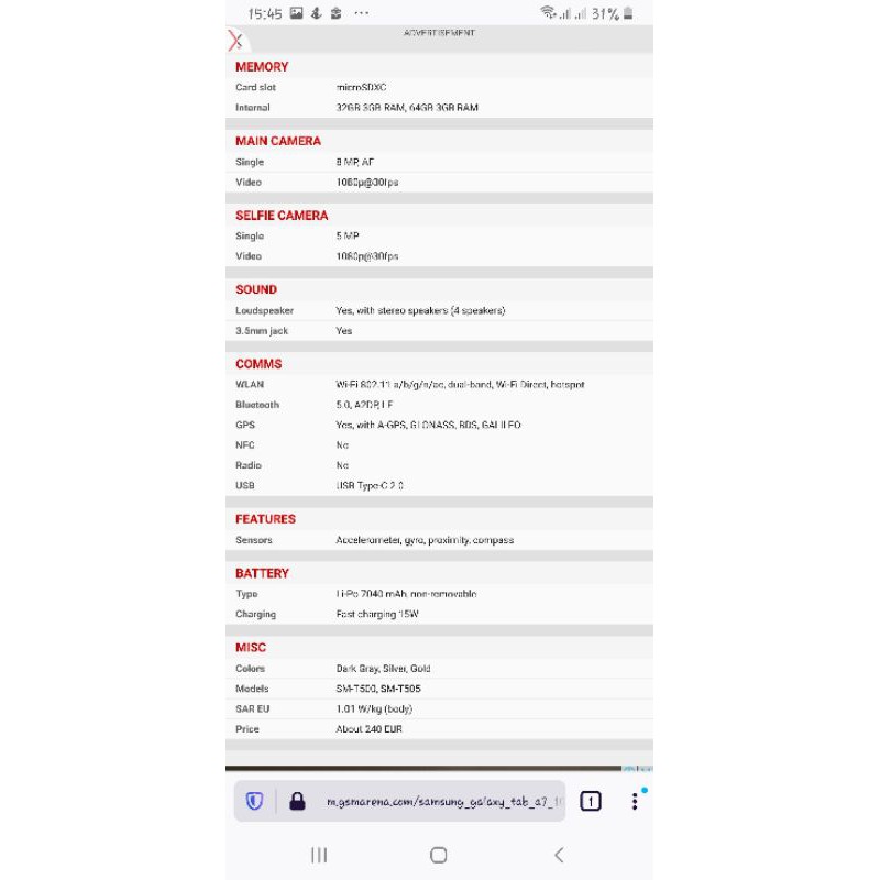 Samsung Tab A7 10inch 3/32gb T505 wifi + cell second berkualitas