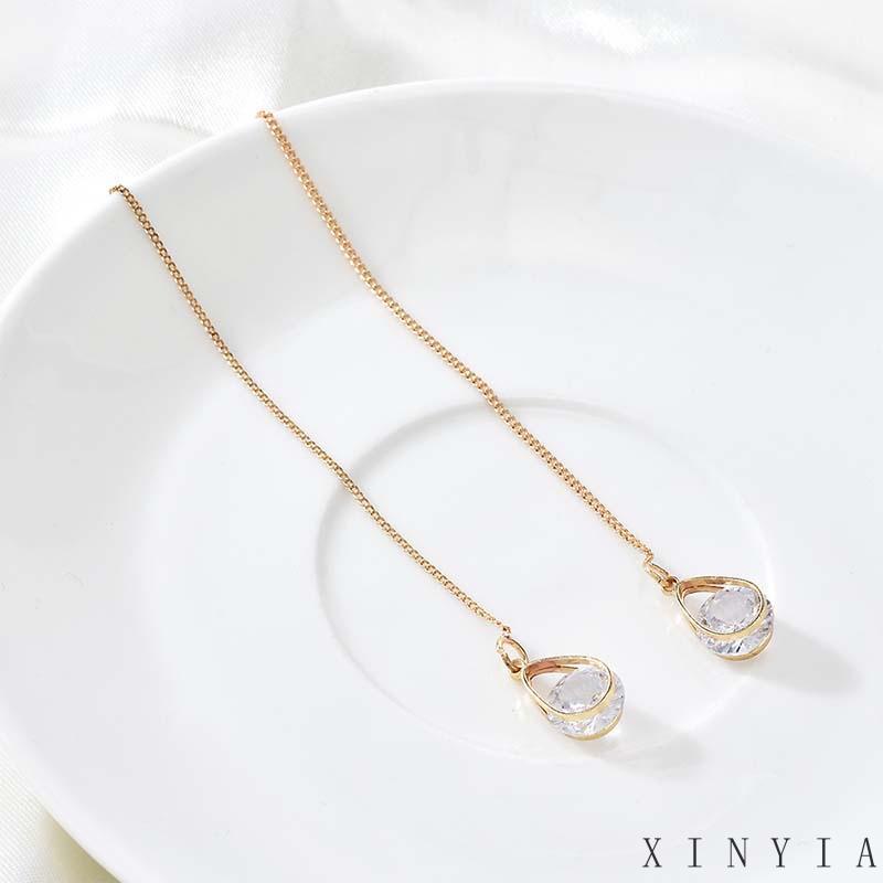 Anting Rumbai Panjang Bentuk Water Drop Bahan Zirkon