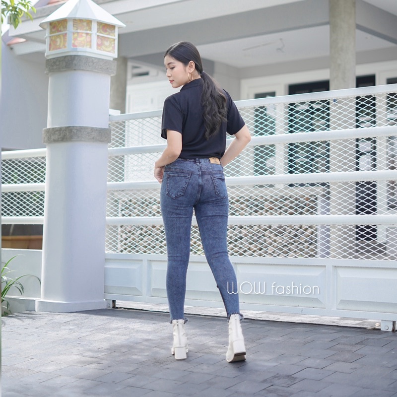 WOW-Mulan Celana Jeans  Highwaist Celana Jeans 7/9//Celana Wanita// Celana Kombinasi Wanita