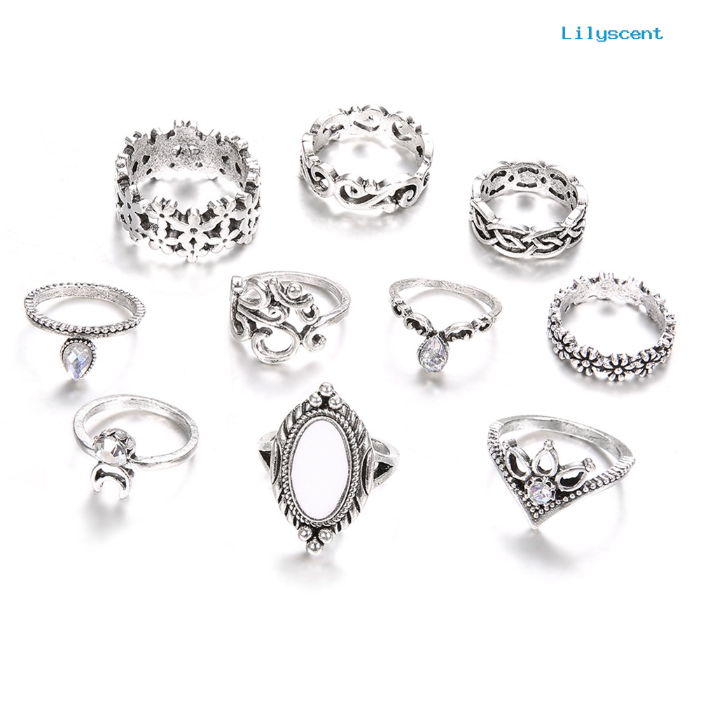 Ls 10Pcs Cincin Buku Jari Aneka Bentuk Gaya Retro Warna Silver Untuk Wanita