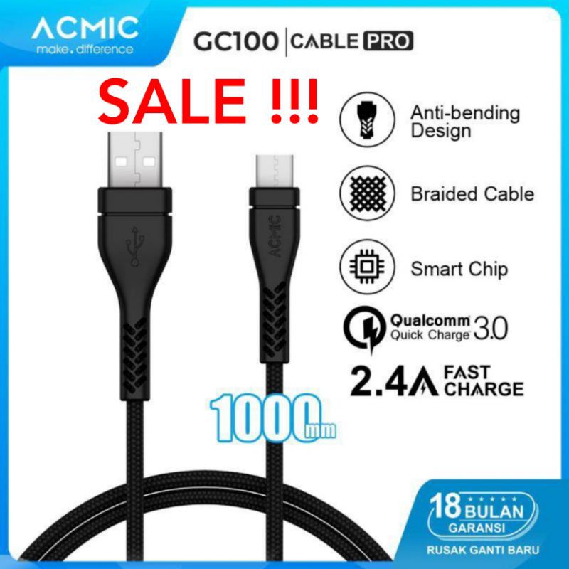 Acmic Original Charger Nylon Kabel Data Nilon Cable Type C USB Fast Charging QC 3.0 Charge GC100 PRO