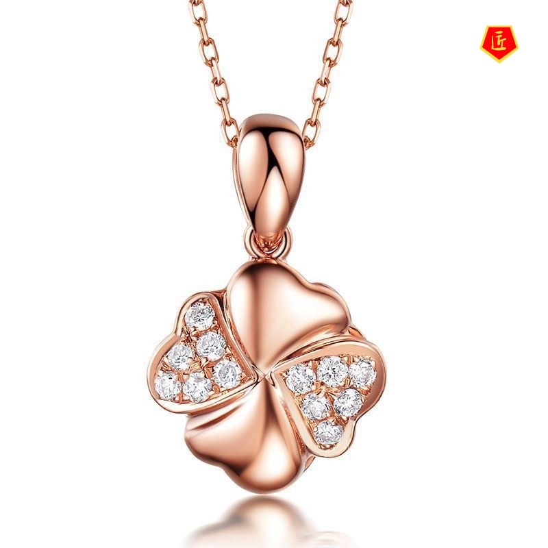 [Ready Stock]Four-Leaf Clover Pendant 925 Silver Necklace Women's Sweet Flowers Diamond