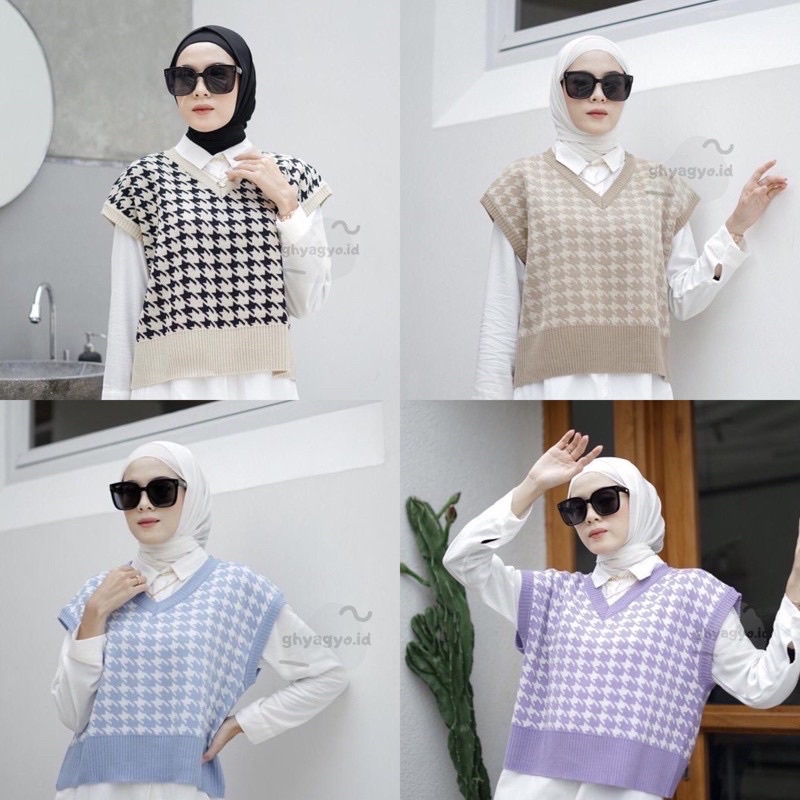 JENIE VEST KNIT/ROMPI HOUNDSTOOTH VEST_RAJUT KOREA_RAJUT MURAH