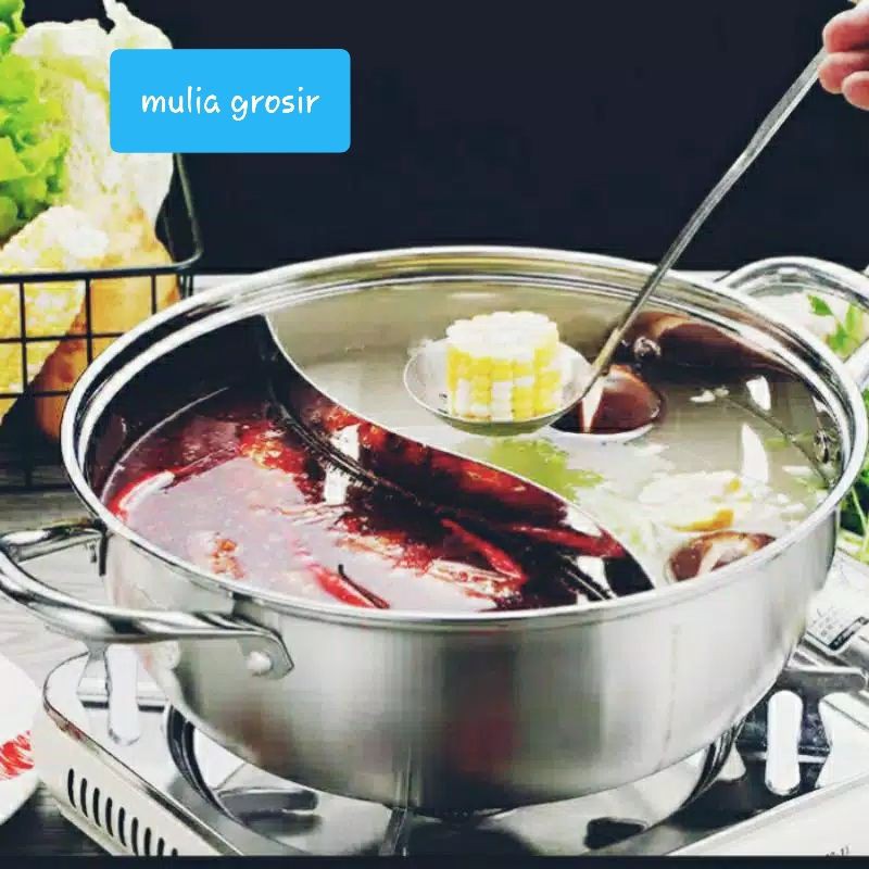 Wajan Shabu- Shabu + Tutup Kaca 28cm Panci Sekat Suki Shabu 2in1 / Steam Bot Hot Pot