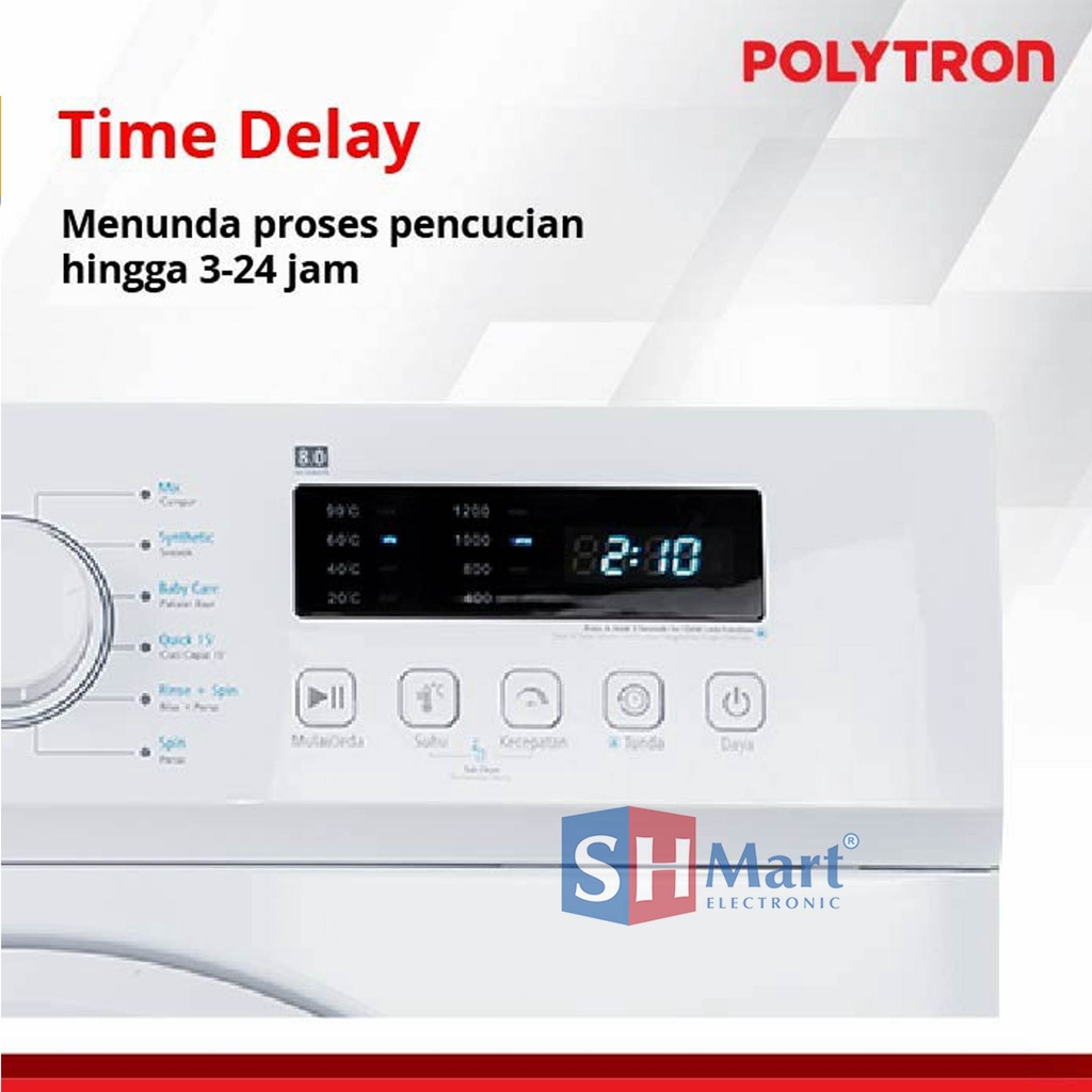 MESIN CUCI POLYTRON FRONT LOADING 8 KG PFL-8051 WITH STEAM WASH GARANSI RESMI