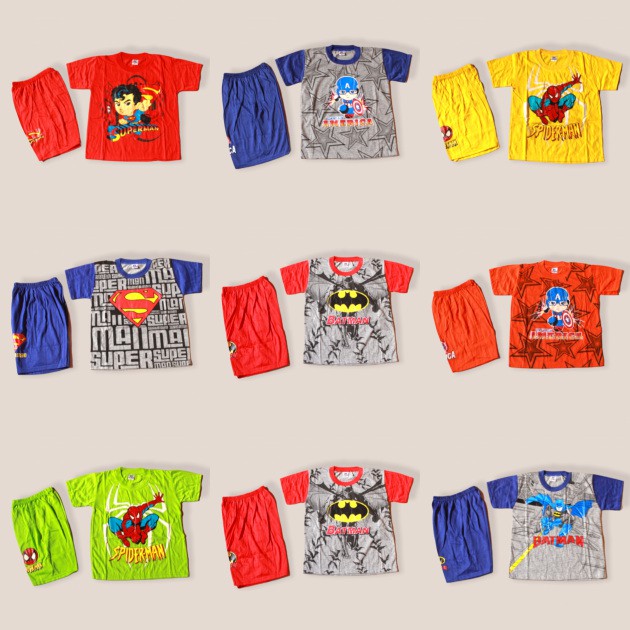 SETELAN BAJU KAOS ANAK SPIDERMAN /BATMAN/SUPERMAN SIZE 16-20