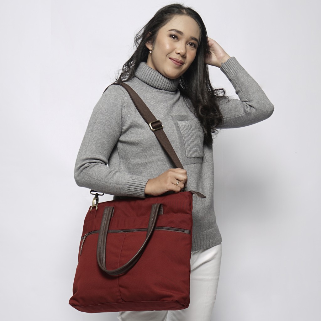 [PREMIUM] Tas Kerja Totebag Laptop Pria Wanita Kanvas Kulit ASLI Eastmovin Iowa Maroon