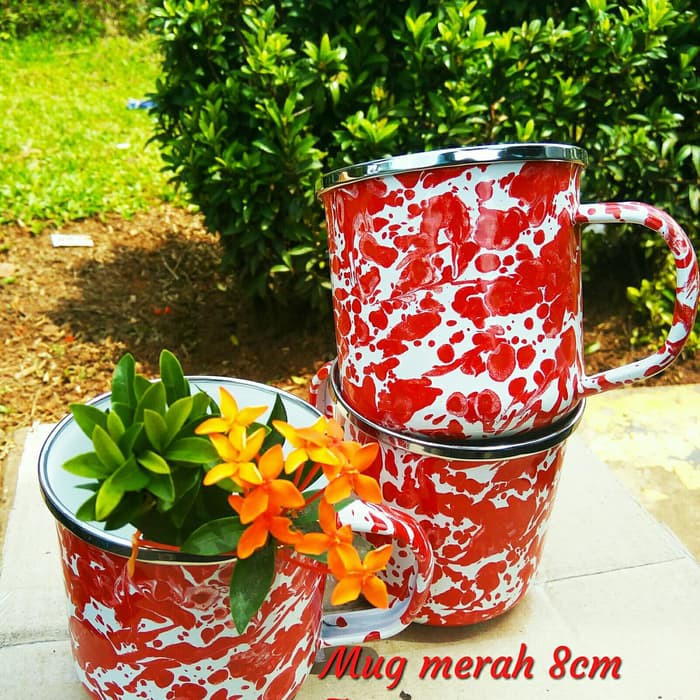 MUG CANGKIR ENAMEL SENG KALENG BURIK BLIRIK BLURIK LOREK LORENG LURIK MERAH JADUL KUNO  8cm