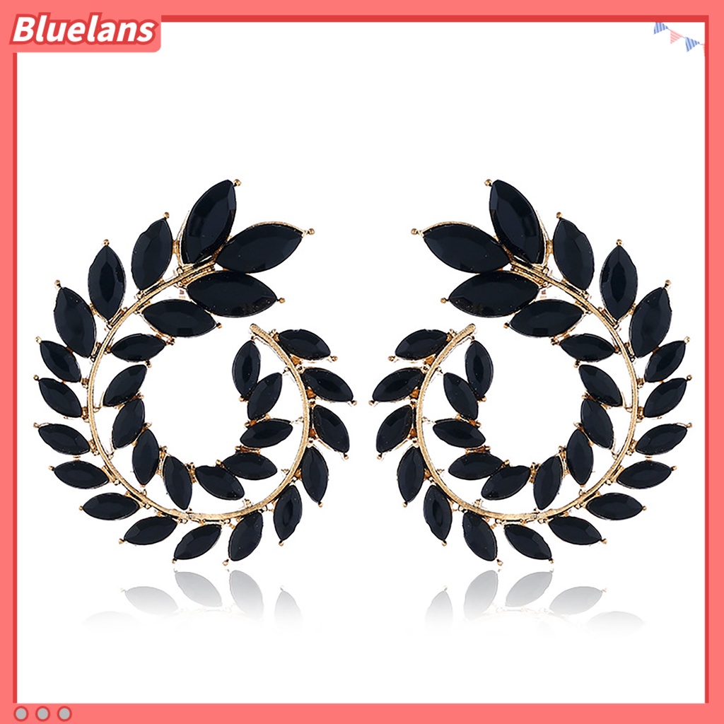 Bluelans 1 Pasang Anting Stud Cubic Zirconia Bentuk Cabang Daun Geometris Bulat Bahan Alloy Untuk Wanita