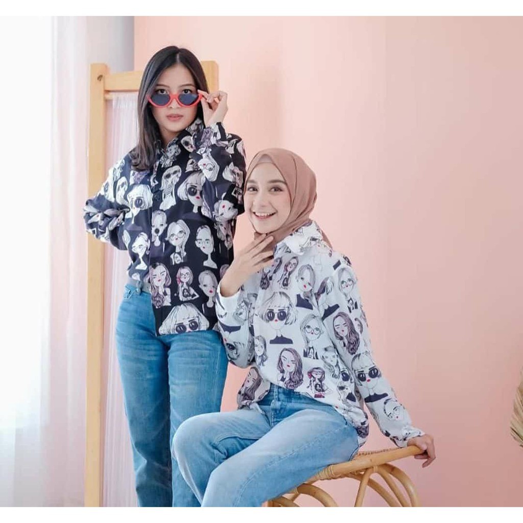 Kemeja Wanita Model Kerah Lapel Dengan Potongan Longgar Dan Gambar Kartun Bergaya Korea OOTD Shopee Indonesia
