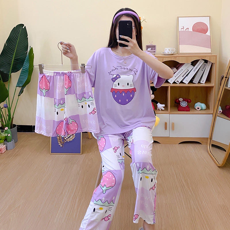 AJW Shop Piyama 3 in 1 | Piyama Lengan Pendek | Baju Tidur Impor | Baju Tidur 3in1-Kitty Ungu