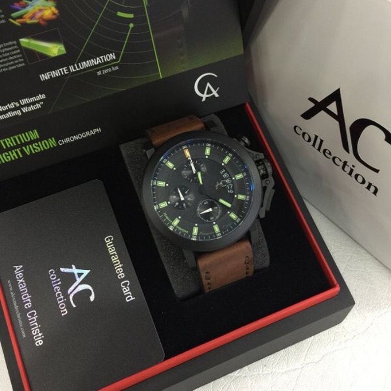 Jam Tangan Alexandre AC 9200 Pria Night Vision / AC9200 MNV Black / Brown Original