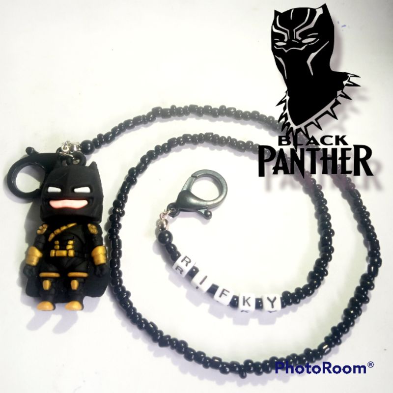 Kalung masker anak tema Black Pather (ada bandulnya/bonekanya) / Strap masker anak bisa request nama/warna/motif