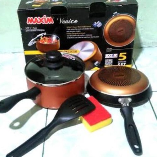 Maxim 5 Pcs Venice Set Panci Wajan Penggorengan Teflon Anti Lengket (Frypan 20 cm + Saucepan 18 cm) - Hitam Emas