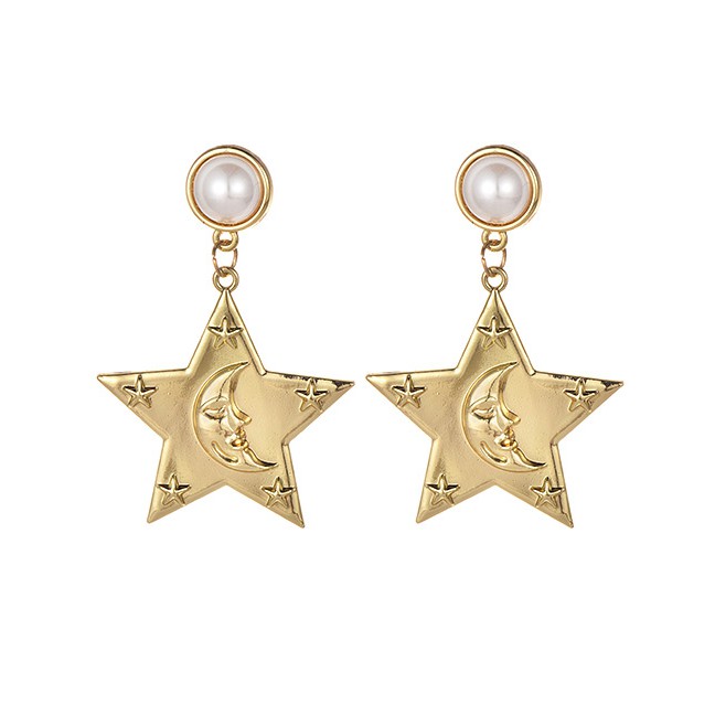 LRC Anting Tusuk Fashion Gold Alloy Pearl Pentagram Stud Earrings F46778