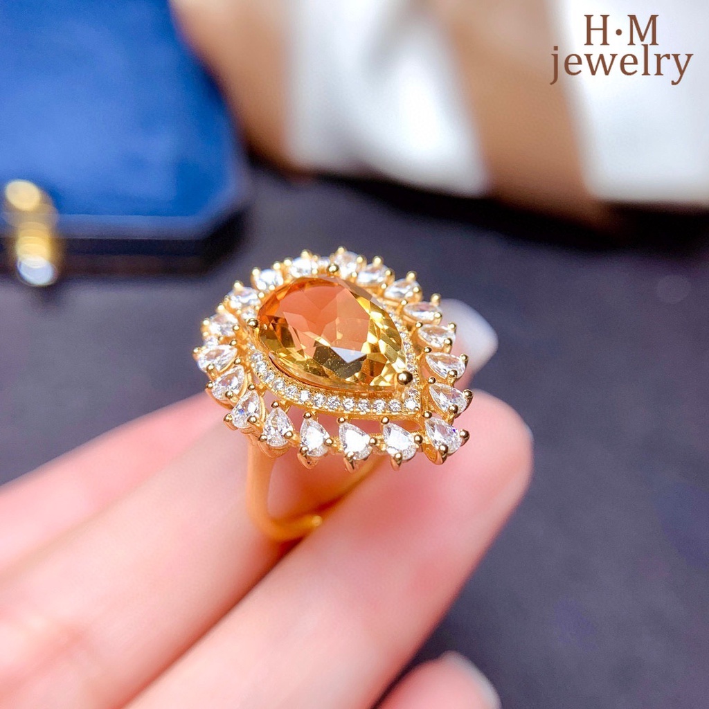 Cincin Lapis Emas 18K Dengan Batu Citrine Natural Mewah Untuk Wanita