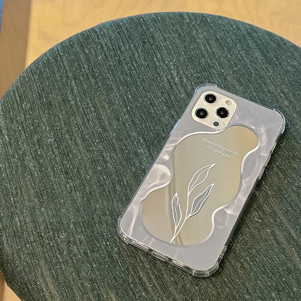 Soft Case TPU Motif Daun lette Dengan Cermin Makeup Cover IPhone Xr 7Plus 8Plus X XS 14 13 11 12pro Max Bumper Flexible