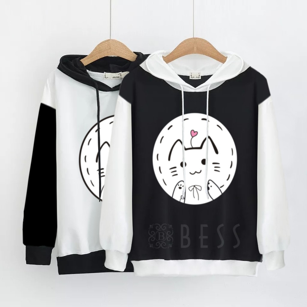 Sweater Hoodie Wanita Murah / Sweater Hoodie BLACK &amp; WHITE - CAT LOVE