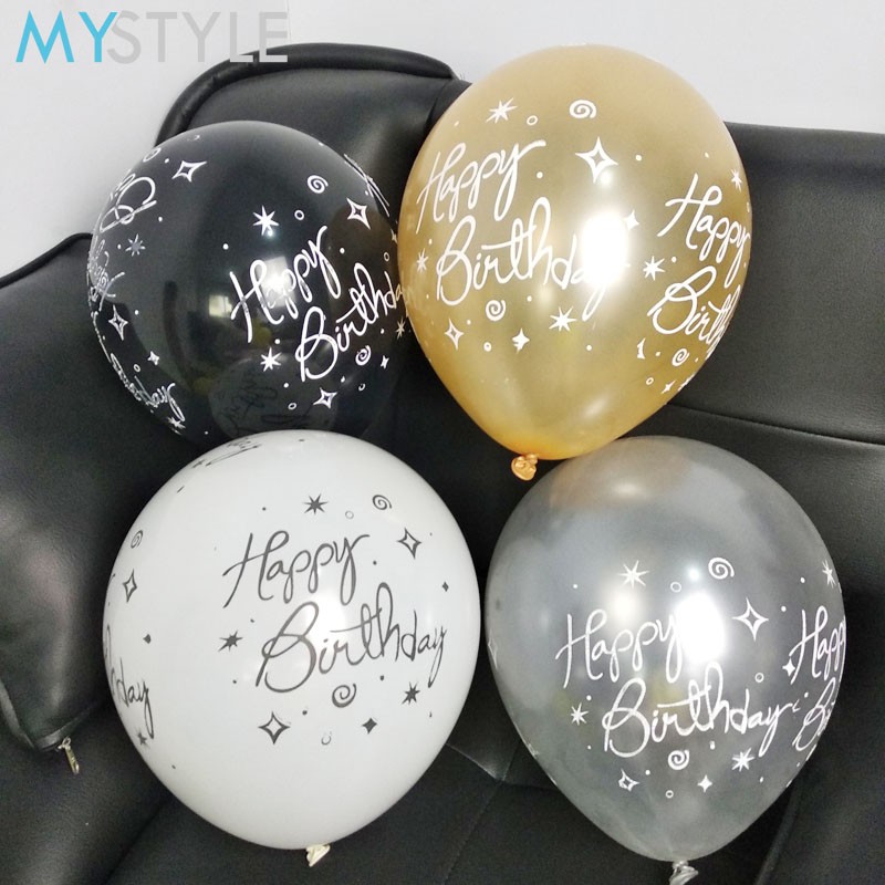 BALON LATEX MOTIF HAPPY BIRTHDAY BLACK &amp; WHITE MIN 10 BALON LATEX MURAH