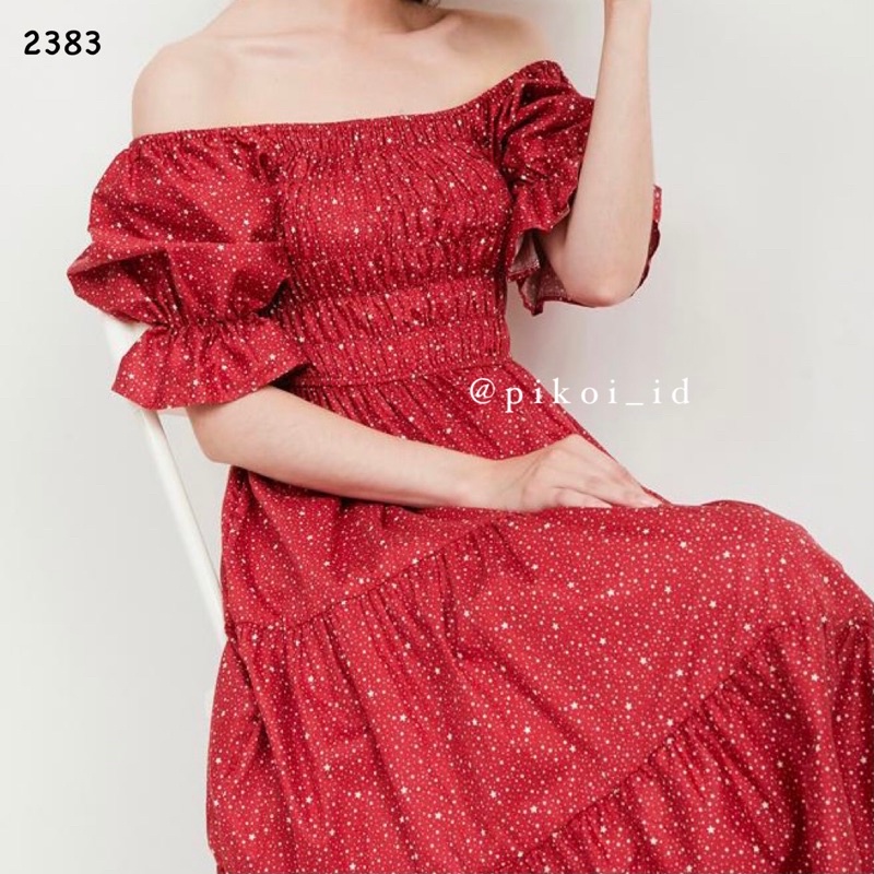 Sabrina dress merah / dress imlek CNY sincia / dress lengan balon karet serut summer pantai 2383