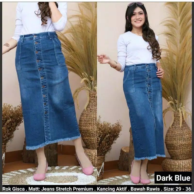 ROK PANJANG JEANS GISCA/ROK KANCING DEPAN JEANS/ROK JEANS MURAH